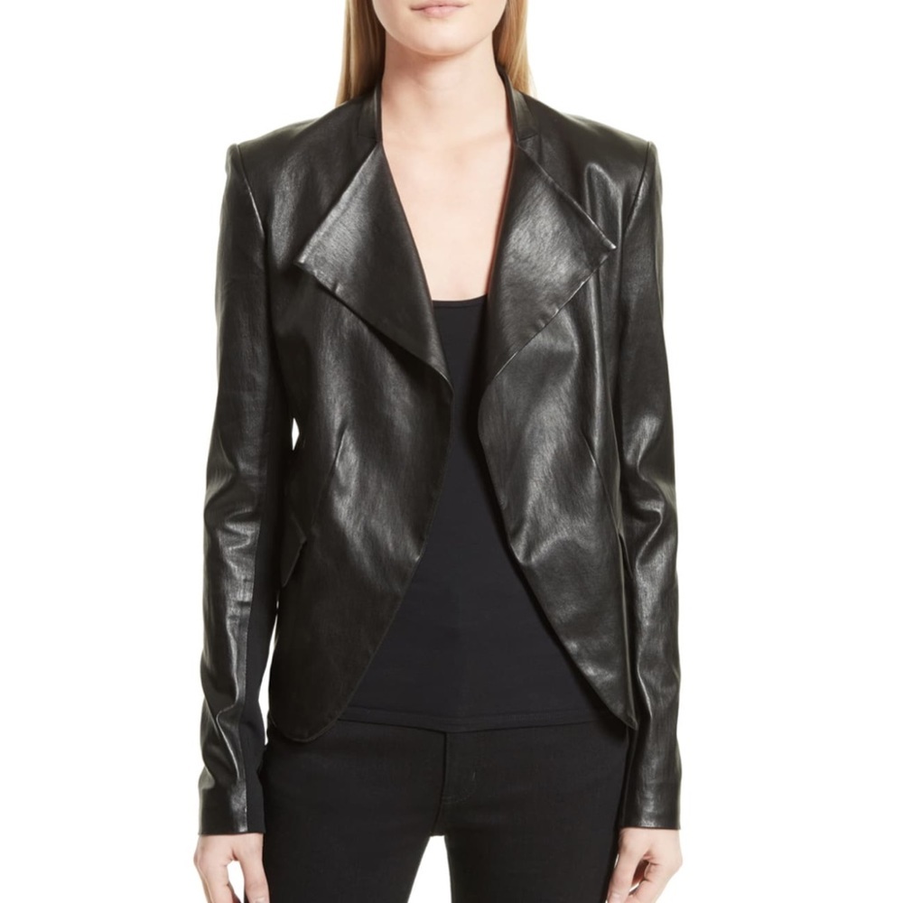 theory |  Bristol Stretch Leather Cutaway Back Vent Peplum Blazer | NWT